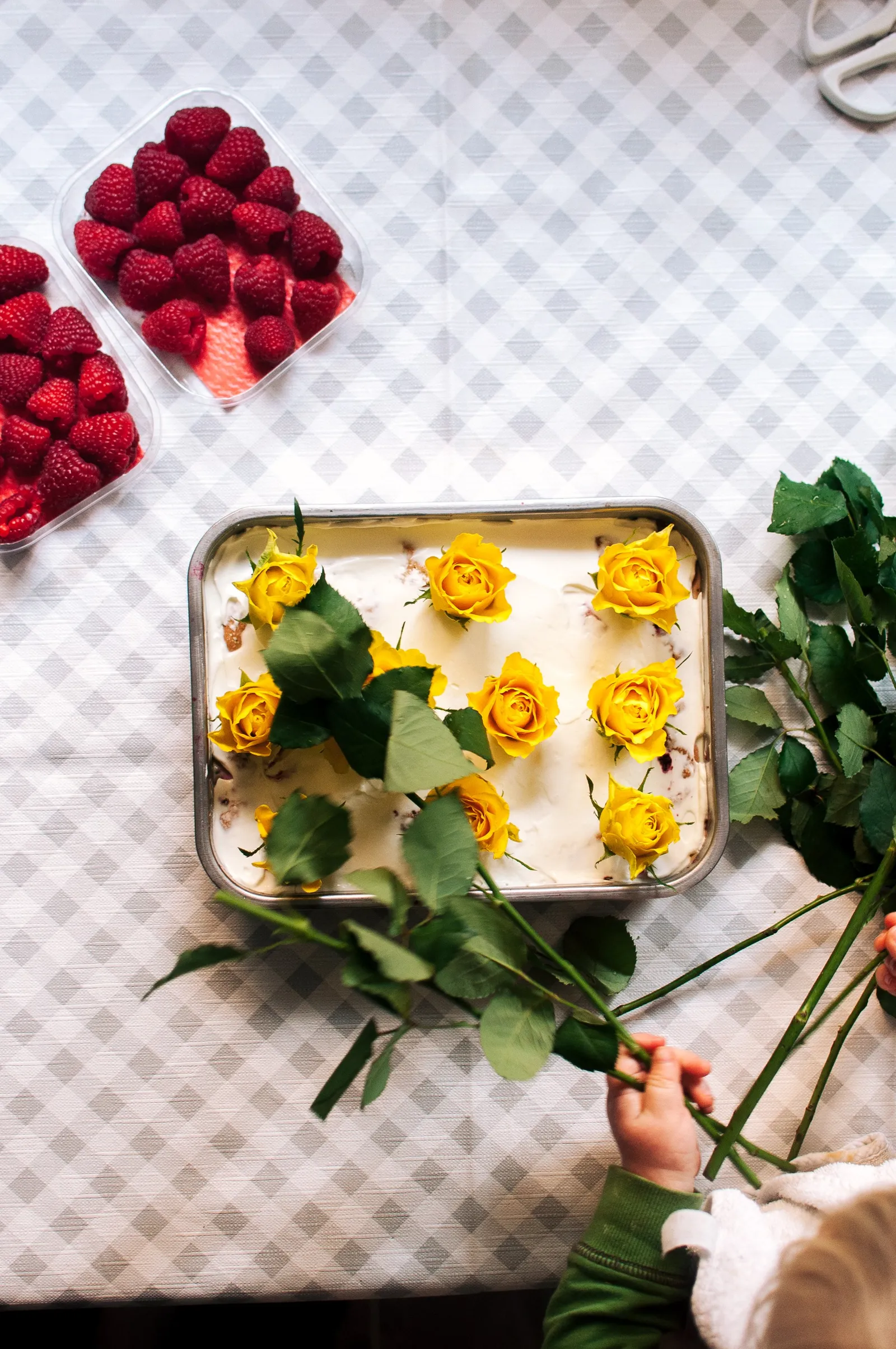Eine Kinderhand streut getrocknete Rosenblütenblätter in eine runde Backform mit Milch, daneben ein Glas mit weiteren Blüten auf einem blau-weiß karierten Tischtuch.
