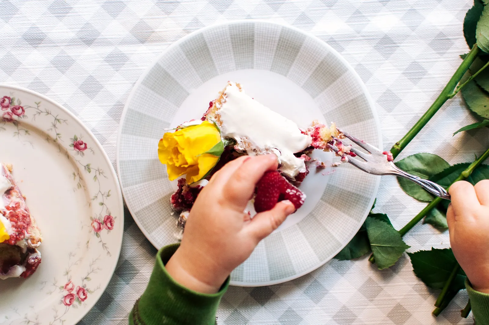 Zwei Stücke Tres-Leches-Kuchen mit Schlagsahne, frischen Himbeeren und gelben Rosenblüten auf Tellern mit Blumenmuster, auf einem karierten Tischsuch, daneben ein Strauß grüner Rosenzweige.